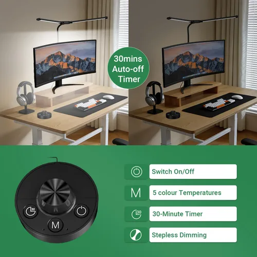 Vista 5 de LED Desk Lamp with Clamp, 23.5-31.5 Inches, Black 24W, 75 Lighting Modes, Flexible Neck Design, Telescopic Height, For Home Office Study Work