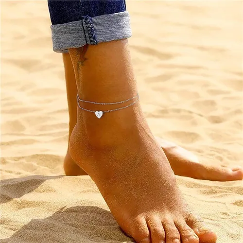 Vista 2 de Tobillera con inicial de corazón de plata para mujer, chapada en oro blanco de 14 quilates, hecha a mano, delicada tobillera en capas con letra