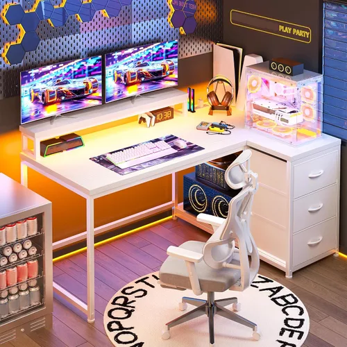 Vista 14 de EnHomee Escritorio para juegos en forma de L con luces LED y toma de corriente, escritorio de computadora de 40 pulgadas con cajones, escritorio