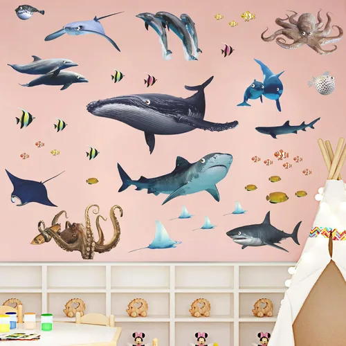 Vista 4 de Adhesivo de pared extraíble 3D de peces marinos bajo el mar, calcomanías de pared de animales marinos, ballenas, tiburones, calamares, decoración