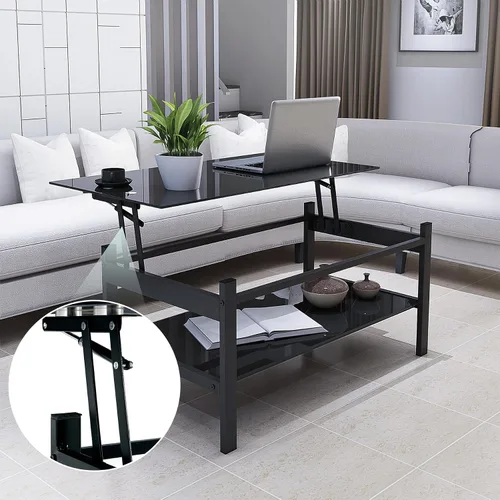 Vista 4 de Mesa de centro negra elevable, moderna mesa central pequeña de vidrio templado de 2 capas con almacenamiento, mesa auxiliar ajustable de 37.8