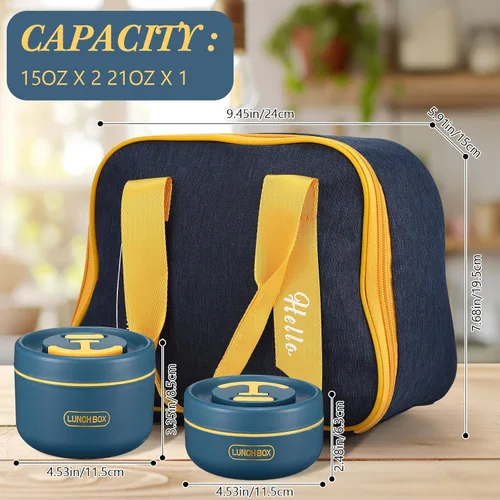 Vista 3 de Dandat Juego de 3 recipientes de almuerzo aislados portátiles para adultos y niños, caja Bento apilable de acero inoxidable para comida caliente