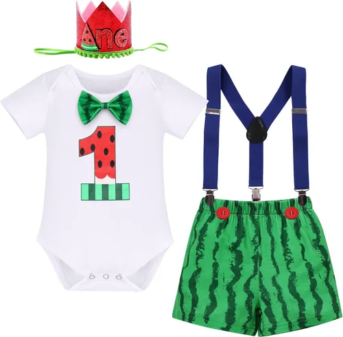 Vista 25 de Conjunto de 4 piezas de 3 piezas para bebé, diseño de sandía, para el primer cumpleaños, para tarta, de manga corta, pañales, con tirantes