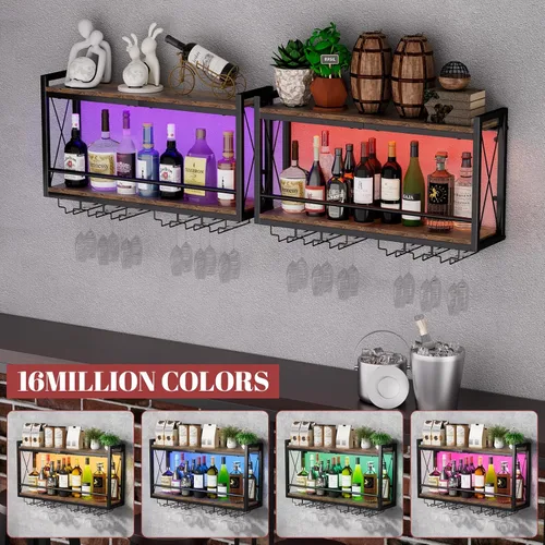 Vista 6 de Shikha - Estante de vino LED montado en la pared con soporte para vidrio Marrón rústico