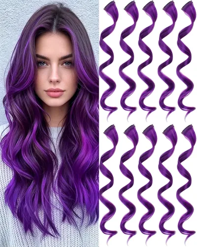 Vista 14 de 10 extensiones de cabello sintético rizado y ondulado negro con clip, reflejos de fiesta de neón arcoíris, accesorios de cabello coloridos