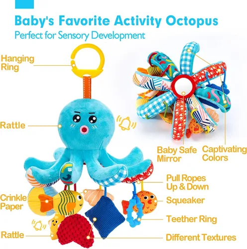 Vista 5 de Hahaland - Juguetes para bebés de 0 a 6 meses, asiento de automóvil, juguete de pulpo de peluche con cuerdas de tracción Infant Hanging Toy for