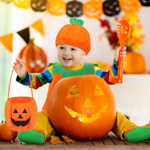 Vista 5 de Disfraz de calabaza de Halloween para niños de 0 a 24 meses, unisex, calabaza naranja, divertido traje de cosplay con 1 cesta de calabaza y 1