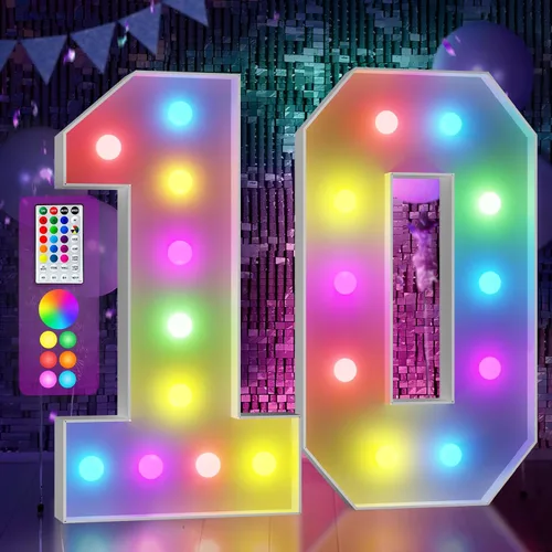 Vista 12 de Imprsv Letras coloridas de marquesina de 3 pies y letras grandes iluminadas RGB con control remoto, decoraciones de fiesta de cumpleaños Carta