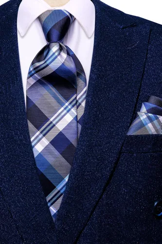 Vista 231 de Hi-Tie Corbata clásica de cachemira para hombre con pañuelo y gemelos a cuadros