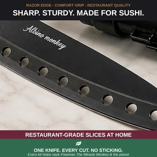 Vista 6 de Kit de fabricación de sushi de mono albino con bazuca, tapete de bambú y curso de sushi gratis Cuchillo Pro Sashimi, molde Nigiri y 5 pares