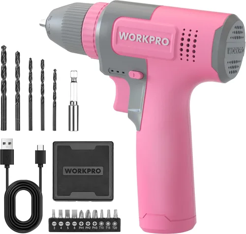 Vista 10 de WORKPRO Juego de taladro inalámbrico de 8 V, taladro eléctrico de 2 Ah con portabrocas sin llave de 3/8 pulgadas, 15 puntas, carga tipo C, LED