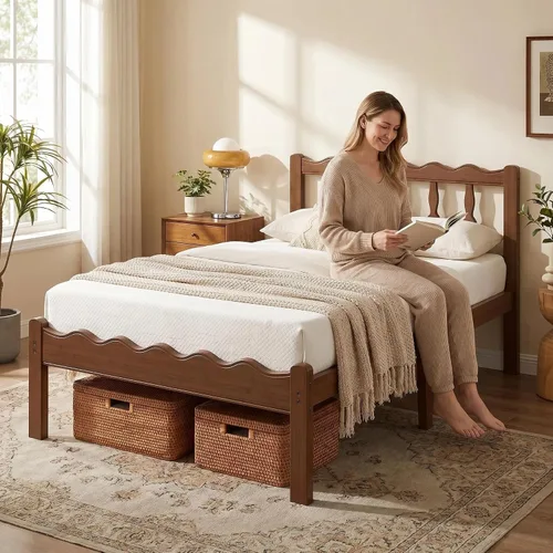 Vista 6 de Base de cama de bambú individual de 14 pulgadas con cabecera ondulada de mediados de siglo, cama de plataforma de madera maciza resistente