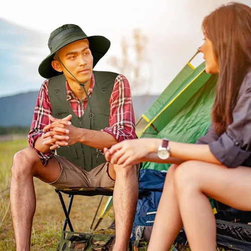 Vista 7 de Janmercy Chaleco de pesca de trabajo para hombre, 2 piezas, con sombrero, ligero, safari, viajes, caza, con múltiples bolsillos, sombrero de pesca