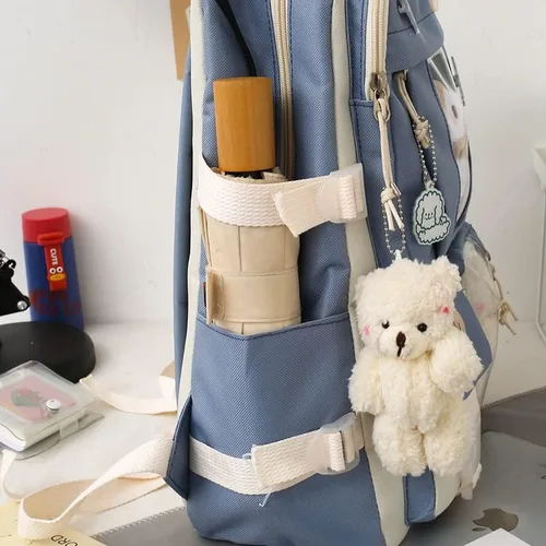 Vista 9 de Mochila de viaje para mujer, 5 unidades, diseño de oso con diseño de dibujos animados, alfileres de alta capacidad, ligero, kawaii, preppy, mochila