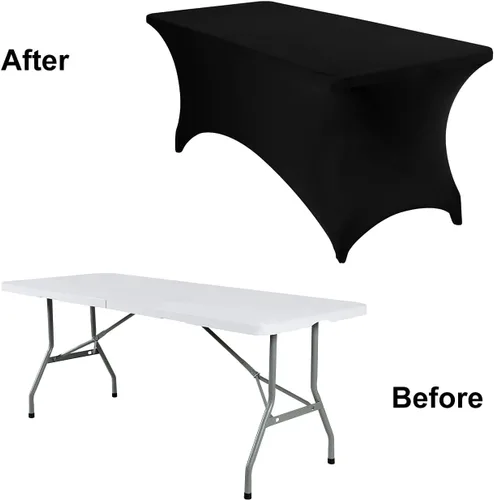 Vista 4 de Paquete de 2 fundas de mesa de elastano impermeables para mesas rectangulares, 6 pies, negras, elásticas, resistentes a manchas, para todas