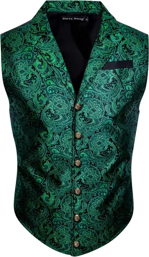 Vista 2 de Barry.Wang Conjunto de chaleco victoriano de seda para hombre, cuello a medida, chaleco gótico steampunk, formalocio, Oro