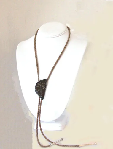 Vista 2 de Bolo Tie with an Irregular Shaped Piece of Maroon Jasper with Tan-Grey Lines "Chinese Writing" on Leather cord with Sterling Silver Tips