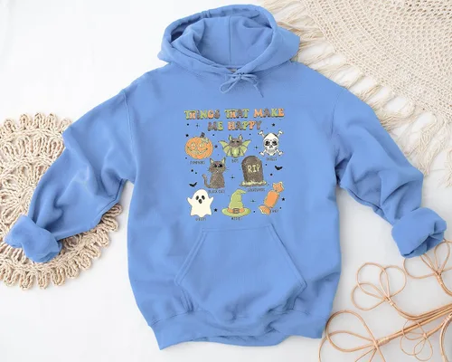 Vista 8 de Halloween Hoodies, Retro Things That Make Me Happy Halloween Sweatshirt, Cute Halloween, Graphic Tee, Cute Spooky, Skull Sweater, Graveyard