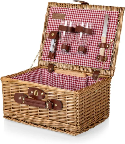 Vista 3 de PICNIC TIME Cesta de picnic clásica para vino y queso, cesta romántica de madera de estilo inglés, servicio de lujo para 2 personas