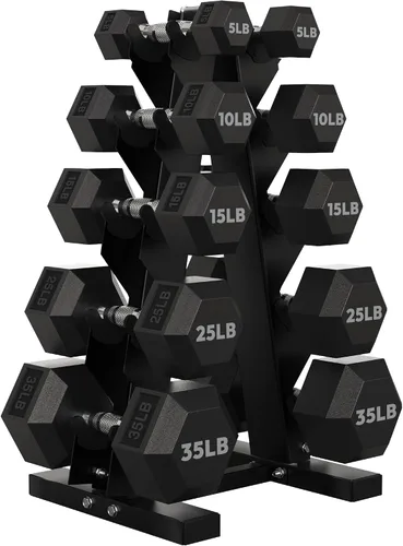 Vista 20 de HANDBODE Juego de mancuernas hexagonales recubiertas de goma con estante de marco en A, 100 libras - 600 libras, múltiples opciones