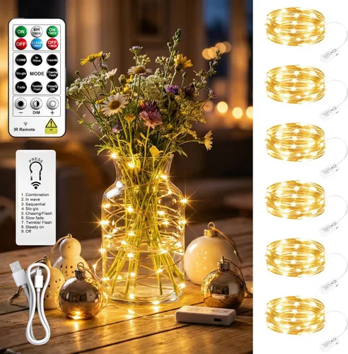 Vista 14 de Paquete de 4 50 luces LED que funcionan con pilas con temporizador de bricolaje, cadena de luces recargables de 16 pies para interiores, 8 modos