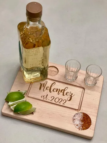 Vista 2 de Personalized Tequila Shot Flight Board With Lime Wedge & Salt Holders,Bachelor or Bachelorette Gift,Housewarming Party Gift,Last Name Board (Walnut)