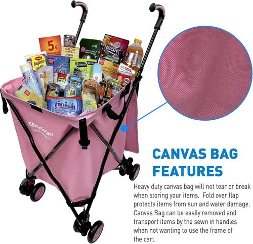 Vista 2 de EasyGo - Carrito de compras plegable con ruedas, lona extraíble, capacidad de 120 libras, color rosa básico