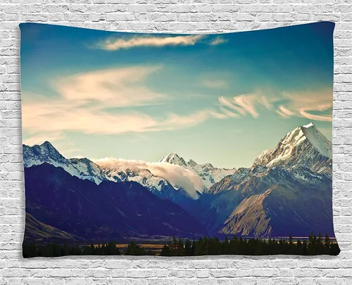 Vista 29 de Ambesonne Tapiz de paisaje, lago y pico glaciar nevado en Estados Unidos, ilustración de bosque de pinos altos, colgante de pared para dormitorio