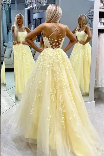 Vista 5 de Vestidos de graduación para mujer, sexy, largo, con apliques de encaje, tirantes delgados, tul acampanado, vestidos de noche formales para fiesta