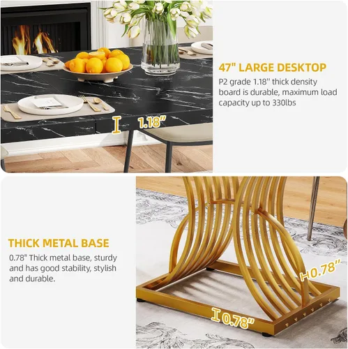 Vista 4 de Mesa de comedor moderna DWVO para 4 personas, mesa rectangular de 47 pulgadas para cocina con superficie de mármol sintético y patas geométricas