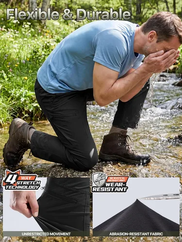 Vista 4 de FREE SOLDIER Pantalones de senderismo impermeables para hombre, pantalones cargo elásticos ligeros con 5 bolsillos Negro