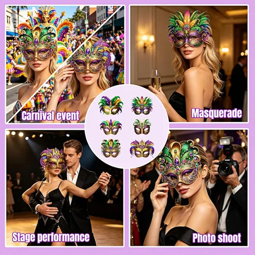Vista 7 de Máscaras de Mardi Gras, paquete de 6 máscaras de papel para carnaval con cuerda de hebilla ajustable, diseño de plumas, para bailes de máscaras