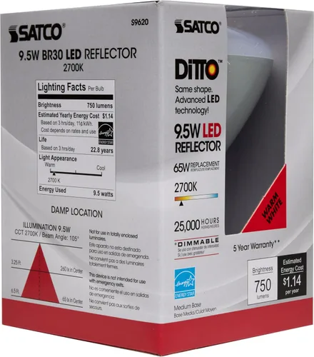 Vista 2 de Satco S9620 - Bombillas reflectoras LED BR30 de 9.5 W, 2700 K, blanco cálido, 750 lúmenes, base media E26, regulable (12 bombillas)