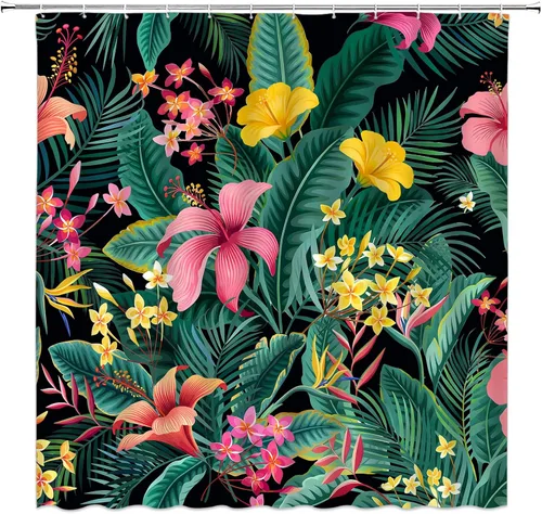 Vista 2 de Cortina de ducha con diseño floral de plantas tropicales, palmeras verdes, hojas de plátano, flores rosas, selva botánica, naturaleza, cortina