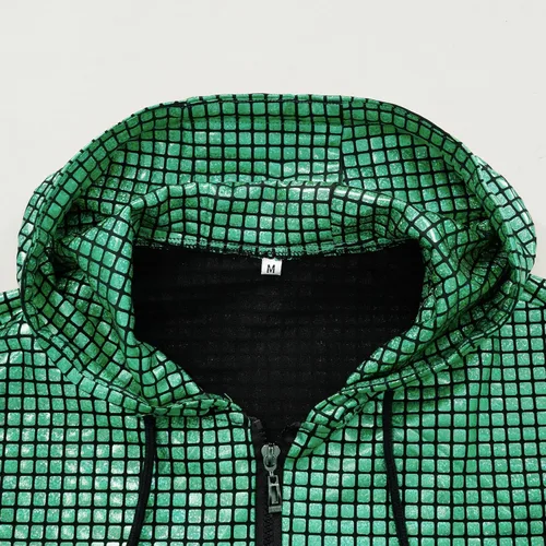 Vista 6 de Disfraz de discoteca con capucha para hombre, diseño de lentejuelas metálicas