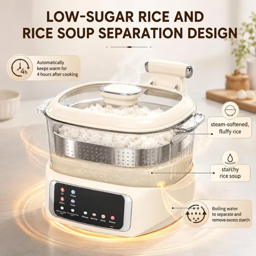 Vista 3 de Arrocera baja en azúcar 4L – Cocina multifuncional de arroz baja en carbohidratos r con cesta de elevación automática, preajuste y temporizador