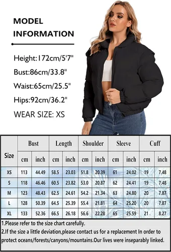 Vista 5 de Chaqueta acolchada corta de invierno para mujer con bolsillos con cremallera, manga larga, cálida y acolchada