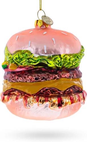 Vista 3 de Adorno navideño de vidrio soplado de hamburguesa con queso doble