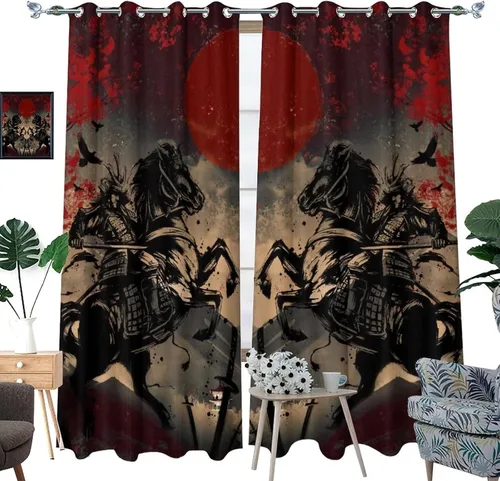 Vista 3 de Cortinas opacas abstractas japonesas samuráis para dormitorio, caballo samurái rústico, rojo, ojal, aislamiento térmico, cortinas de oscurecimiento