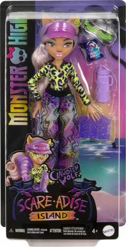 Vista 6 de Muñeca Monster High Scare-adise Island Clawdeen Wolf con traje de baño, pantalones deportivos y accesorios de playa como visera, botella de agua