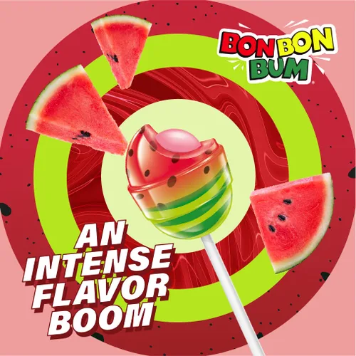 Vista 4 de Colombina Bon Bon Bum - Paletas con centro de goma de mascar, sabor a sandía, envueltas individualmente, ideales para recuerdos de fiesta y regalos