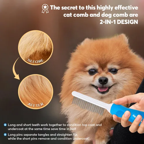 Vista 4 de Peine desenredante de aseo para mascotas para perros y gatos con dientes metálicos largos y cortos de acero inoxidable para eliminar enredos