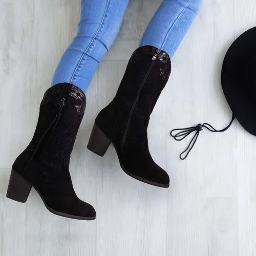 Vista 4 de SHIBEVER Botas vaqueras vaqueras para mujer botas occidentales negras para mujer, tacón alto, gamuza, cremallera, media pantorrilla