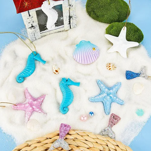 Vista 6 de Jetec 24 piezas de decoración de árbol de verano, adornos de playa y océano, a granel, resina náutica costera, estrellas de mar, concha, caballito