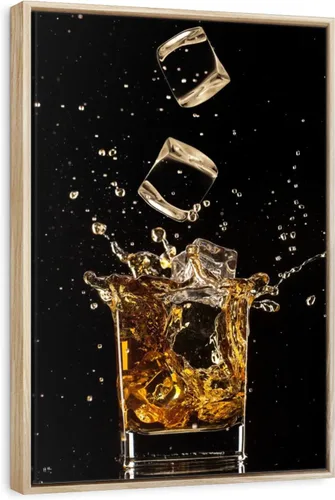 Vista 10 de ElephantStock - Arte de pared con salpicaduras de hielo de whisky - Lienzo enmarcado flotante vertical - Decoración de pared de comedor - Arte