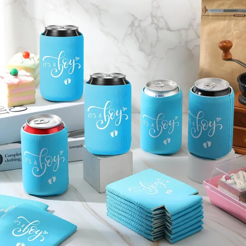 Vista 4 de Mifoci 50 piezas de decoración de baby shower, mangas de cerveza para revelación de género, fundas de cerveza para revelación de género, fundas