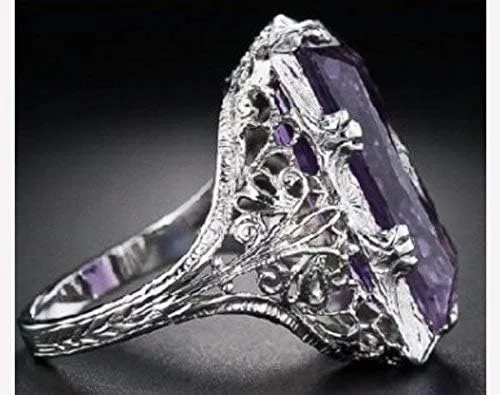 Vista 3 de Yuren Anillo de plata 925 con gemas de amatista grande para mujer, talla 6-10 (código de EE. UU. 10), Plata