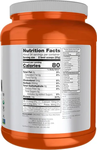 Vista 2 de NOW Foods Sports Nutrition, proteína de guisante orgánica certificada de 0.51 onzas, polvo sin sabor, 1.5 libras