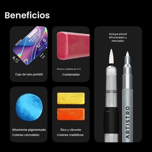 Vista 6 de ARTISTRO Juego de 18 pinturas de acuarela metálicas, juego de paleta que incluye 12 acuarelas metálicas con purpurina y 6 colores camaleón. Juego