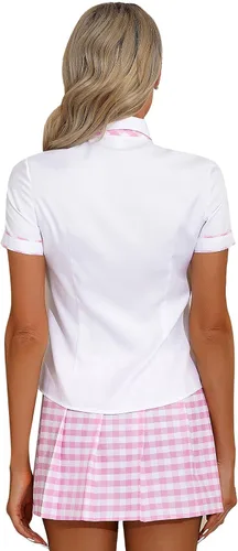 Vista 3 de JEYPINMI Atuendos de colegiala para mujer, uniforme de cosplay, camisas de manga corta, falda a cuadros